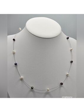 Sterling Silver Wire Floating Black & White Freshwater Pearl Necklace 17"